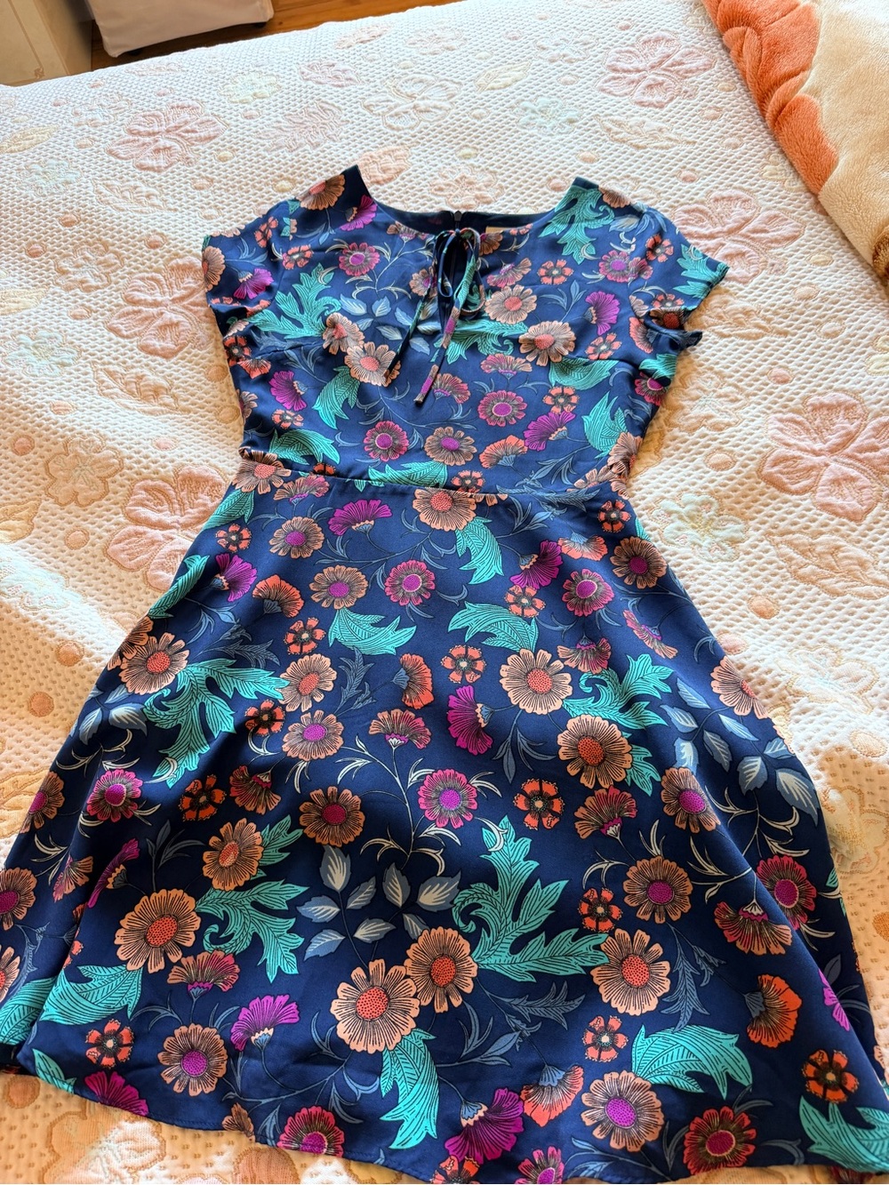 Everly Navy Floral Fit-and-Flare Dress with Teal & Pink Accents